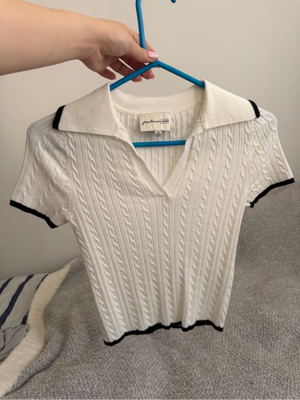 Cable-Knit White Crop Polo Top with Black Trim